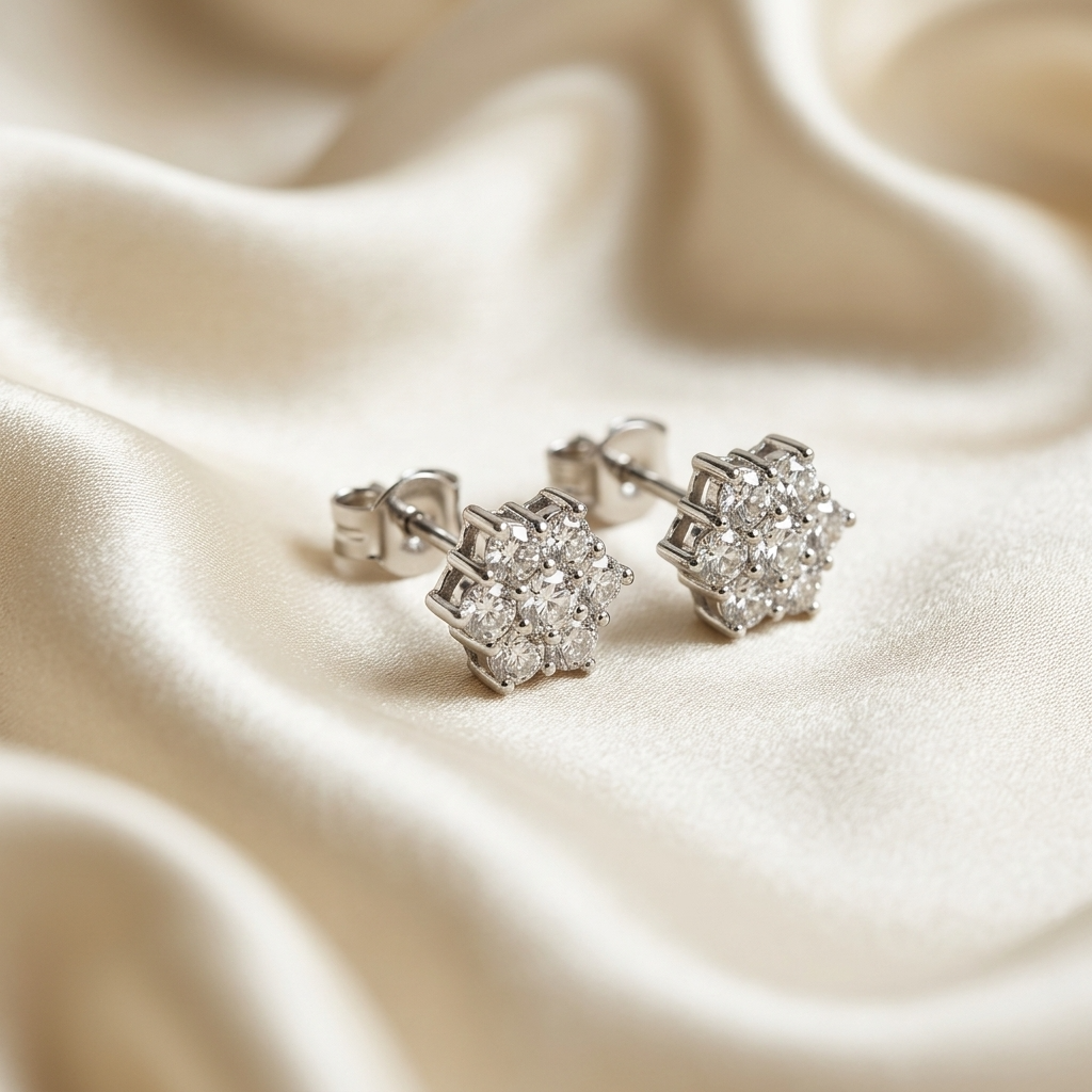 Diamond cluster stud earrings - side view