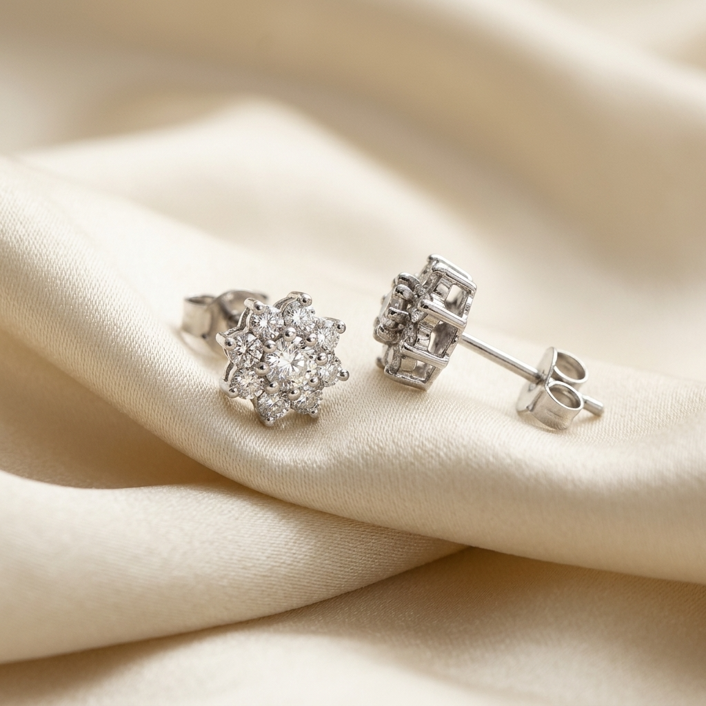 Diamond cluster stud earrings - detail view