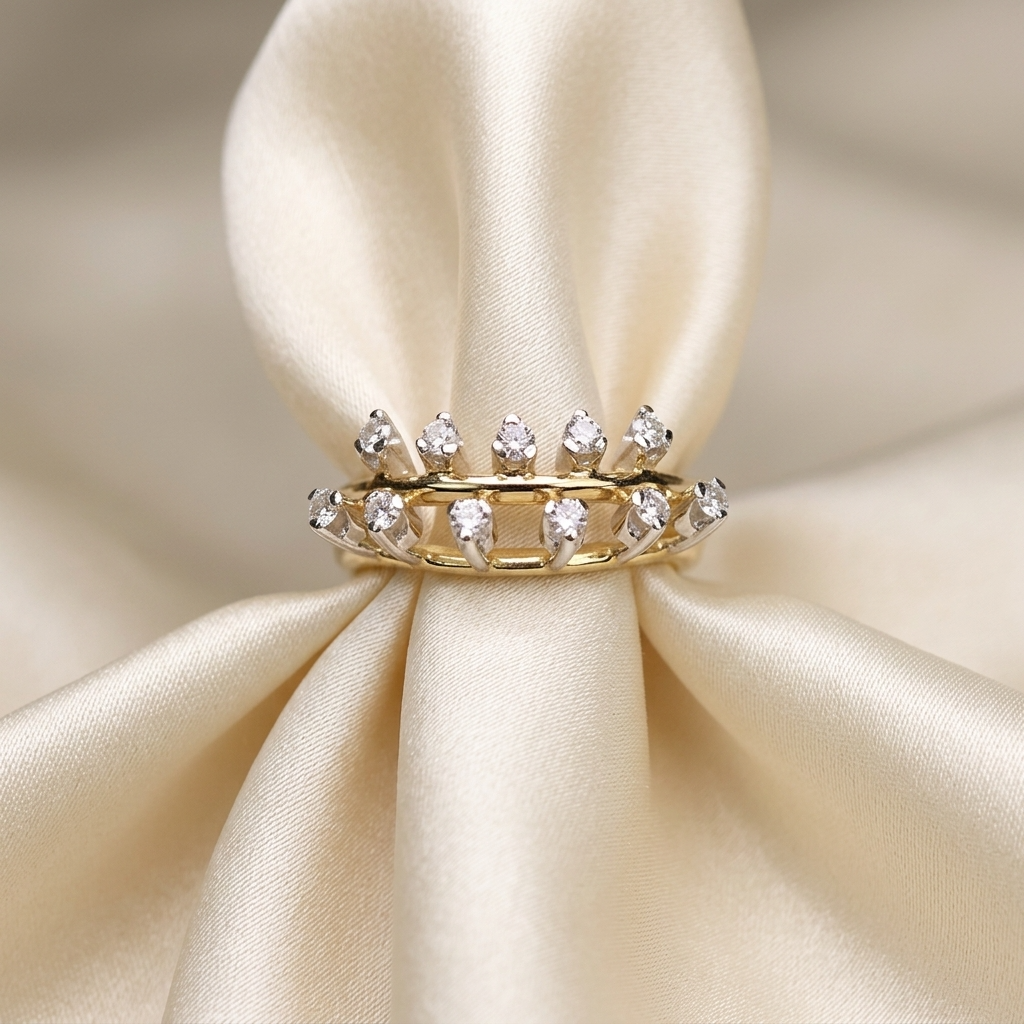 Gold and diamond crown ring - front view