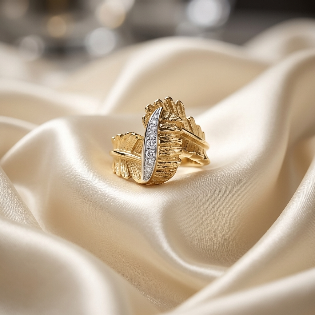 Diamond and gold acanthus leaf dress ring - angled view