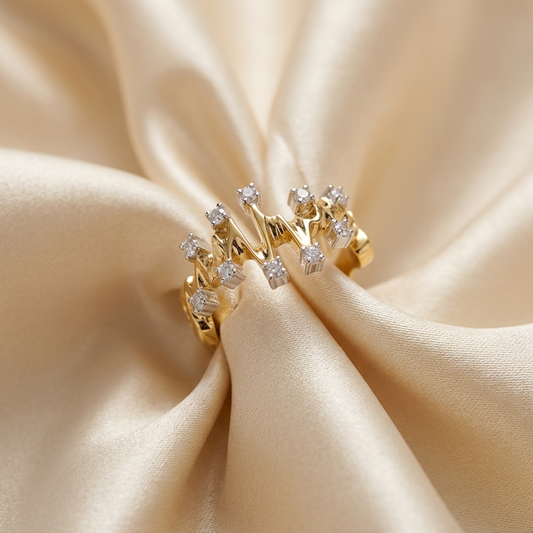 Diamond and gold heartbeat ring set with 10 round diamonds — handcrafted in Sydney