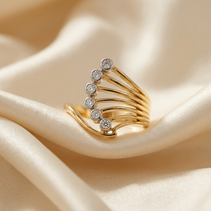 Diamond and gold peacock ring with six bezel set diamonds — handcrafted in Sydney