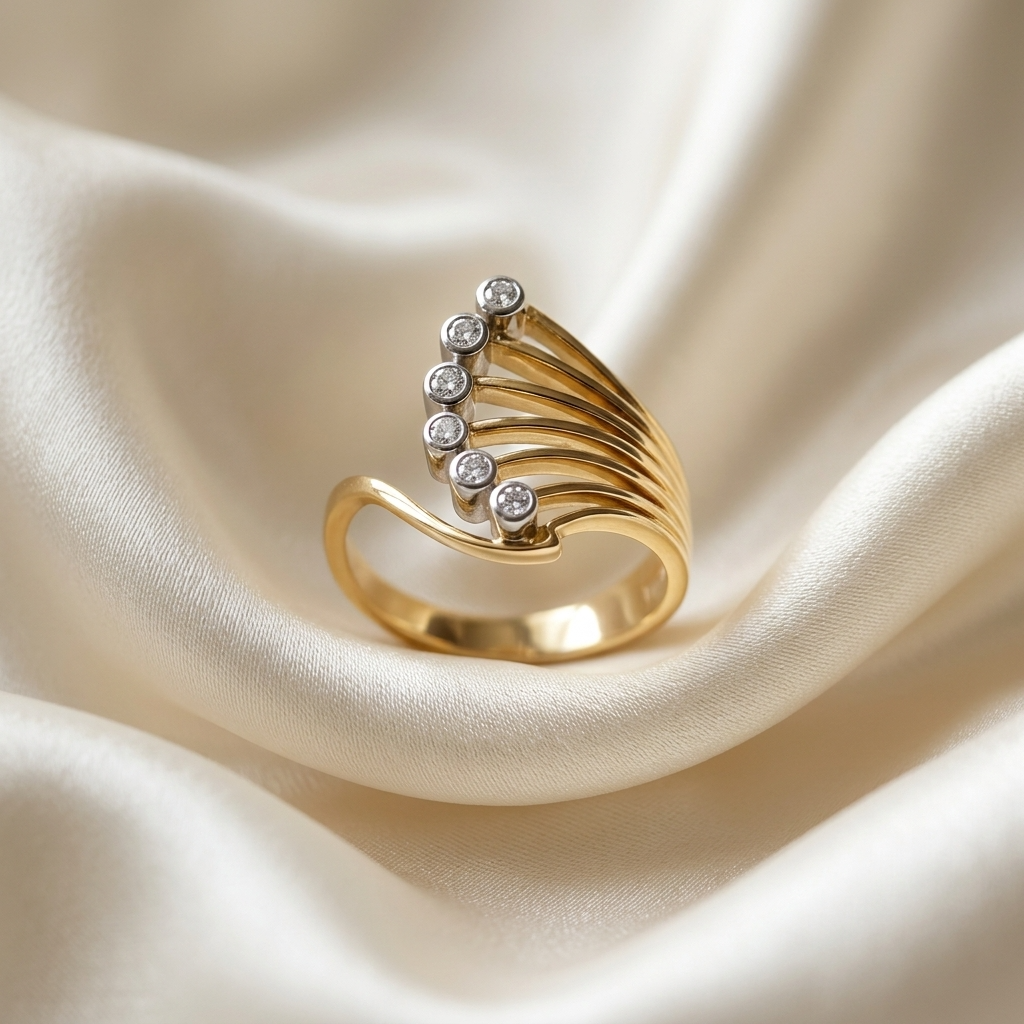 Diamond and gold peacock ring - angled view