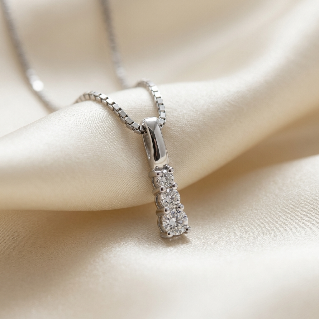 Three stone claw set round diamond pendant - detail view