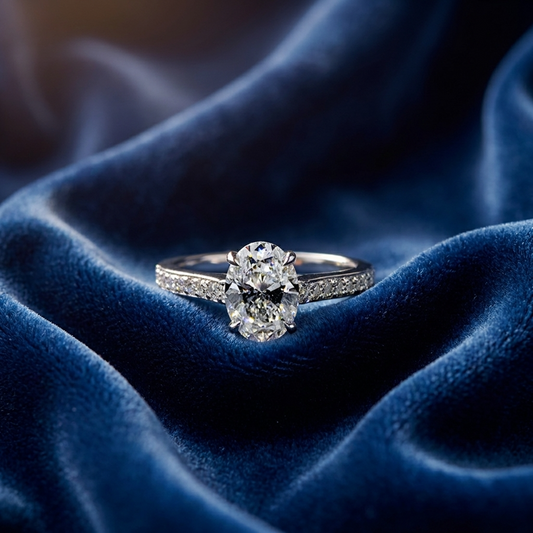 Oval diamond engagement ring with side stones — handcrafted in Sydney
