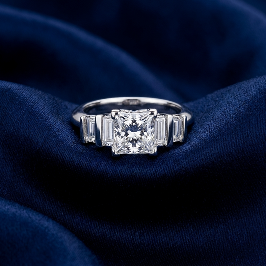 Princess cut diamond three stone ring with tapered baguette side stones