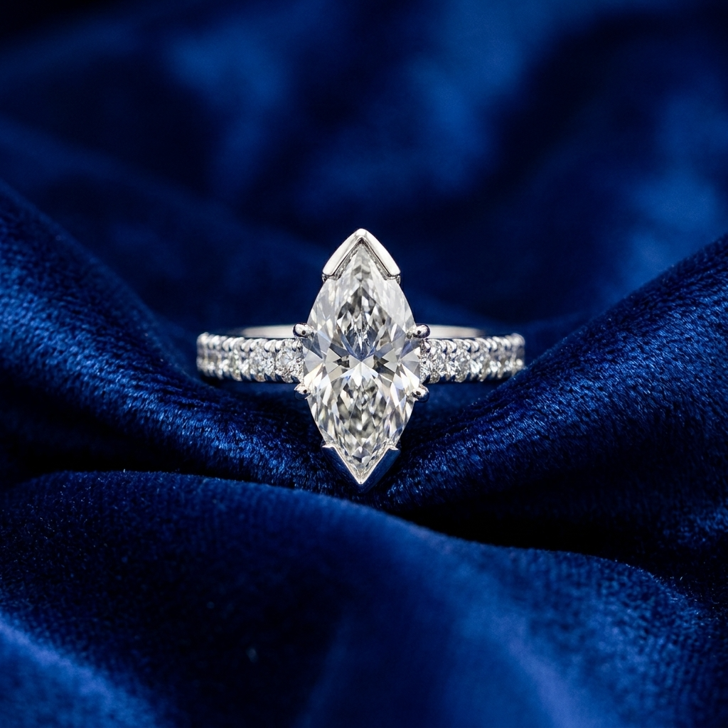 Marquise cut diamond engagement ring with tapered side stones — handcrafted in Sydney