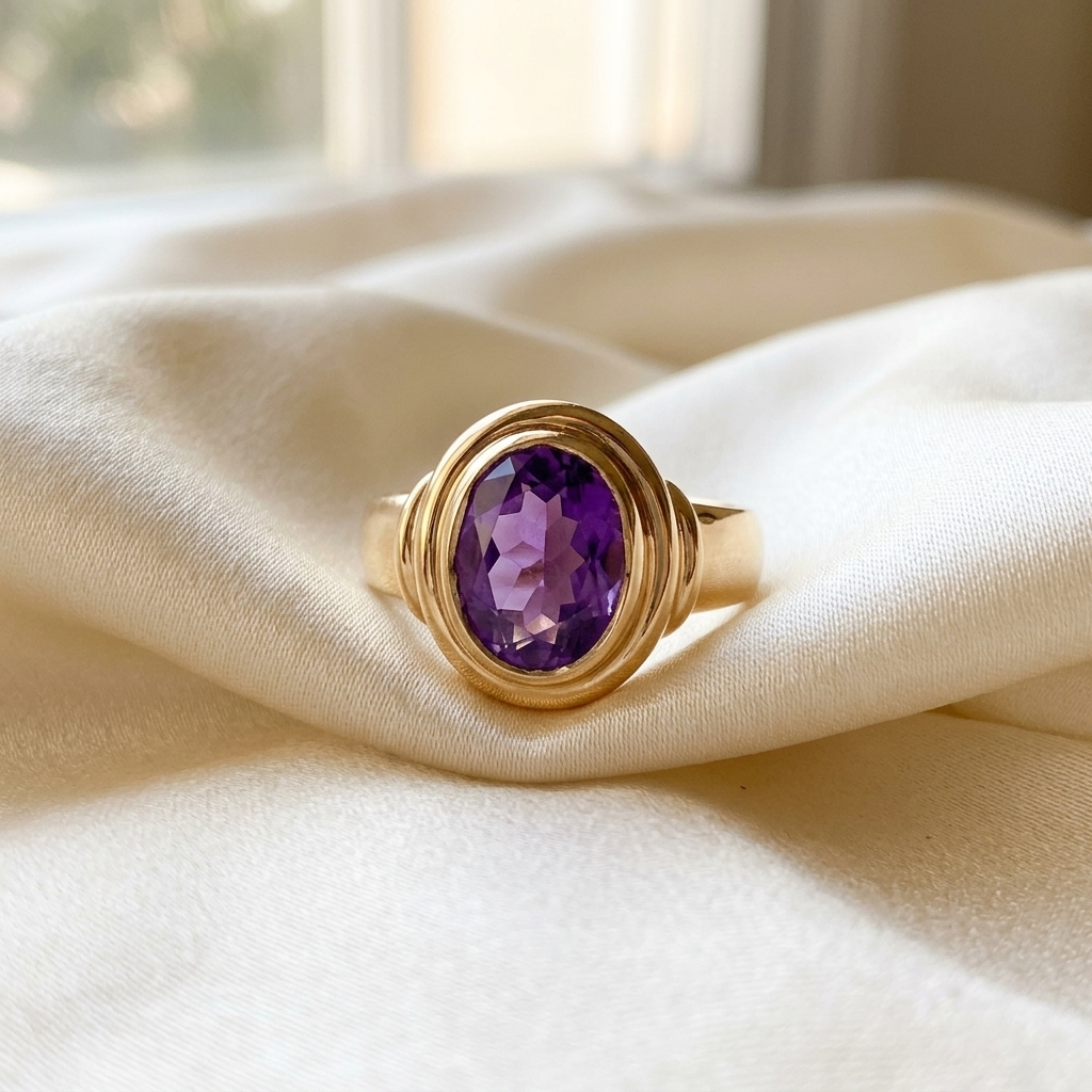 Oval amethyst gold dress ring - angled view