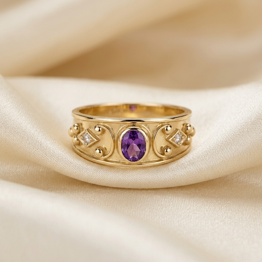 Amethyst and round diamond Etruscan style gold dress ring