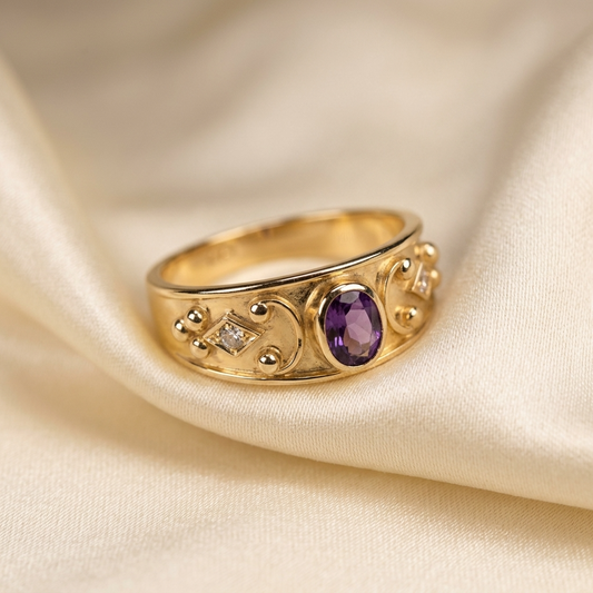 Amethyst and round diamond Etruscan style gold dress ring - side view