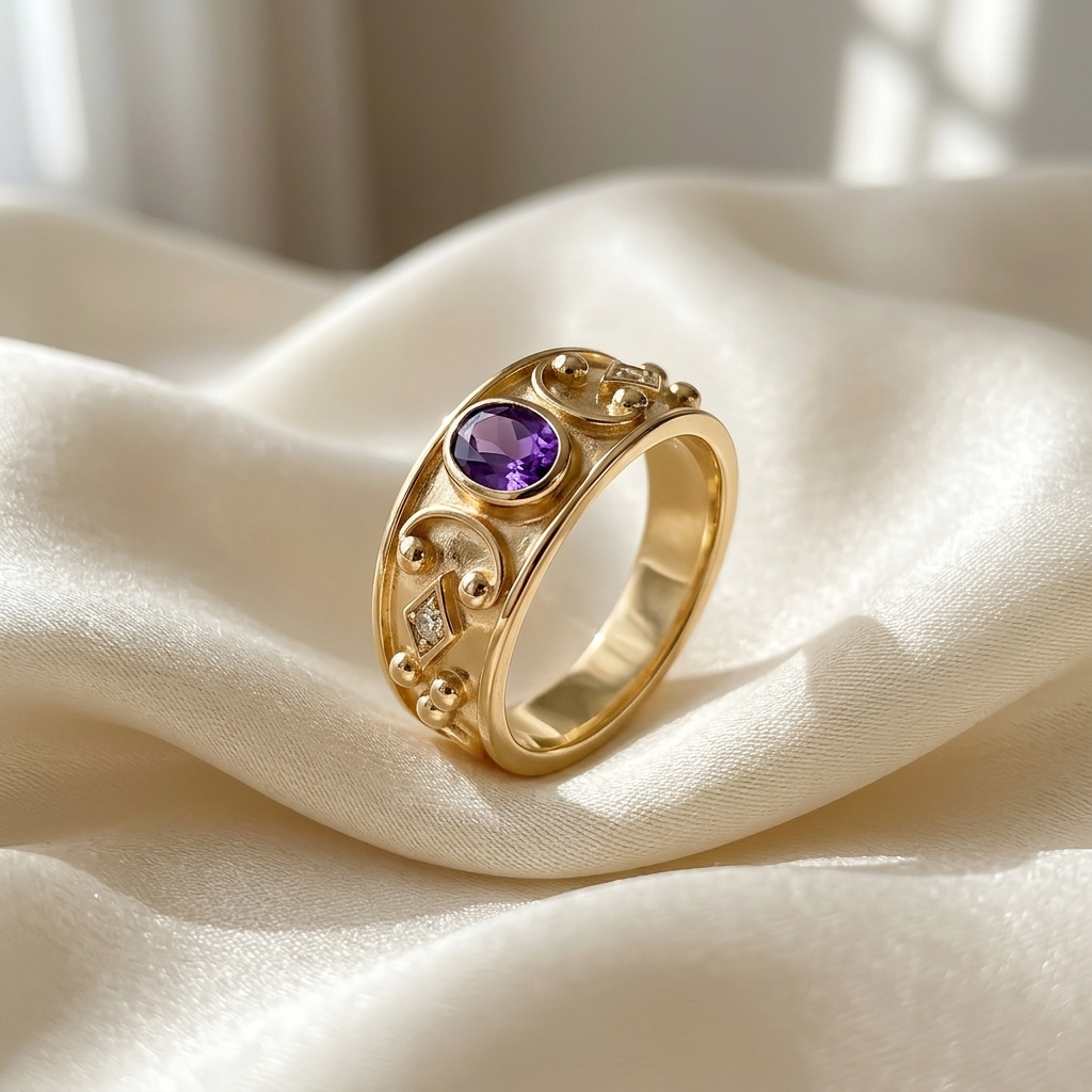Amethyst and round diamond Etruscan style gold dress ring - angled view