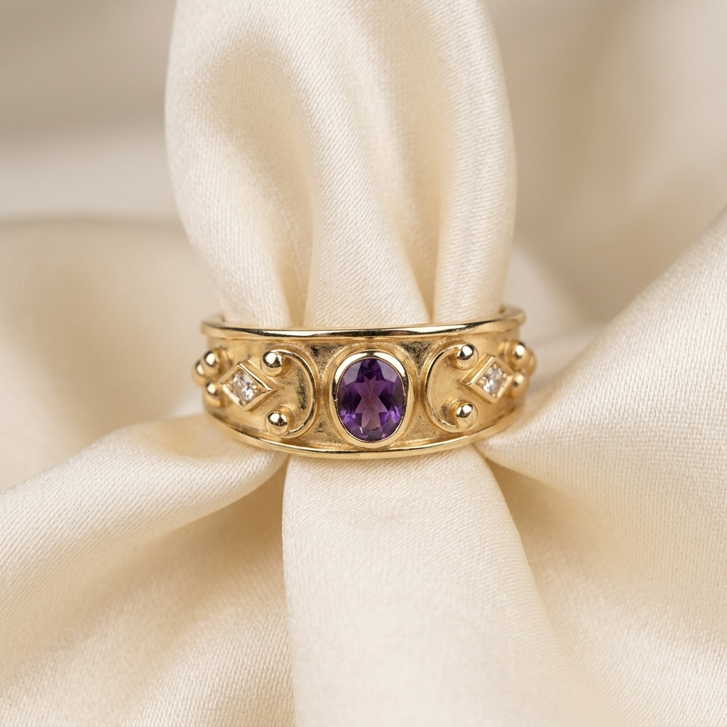 Amethyst and round diamond Etruscan style gold dress ring - detail view