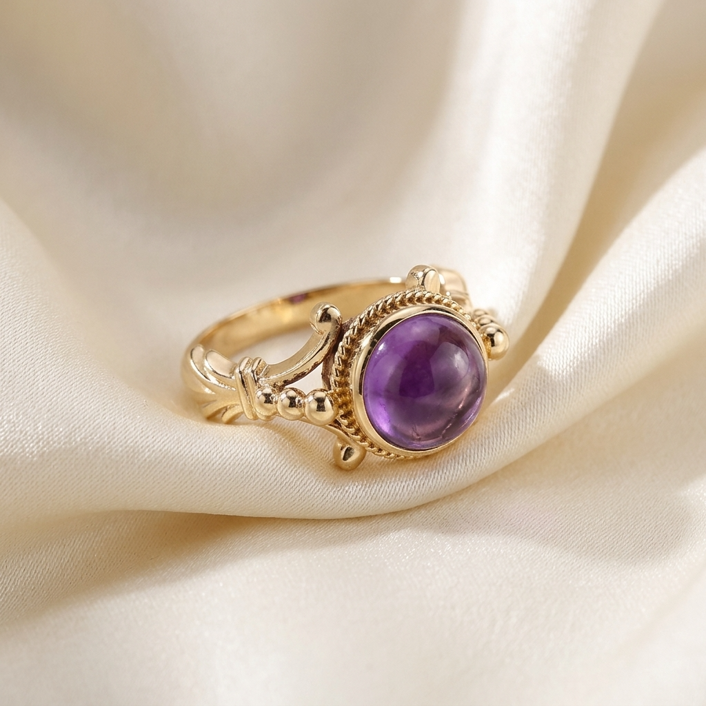 Round cabochon amethyst gold dress ring