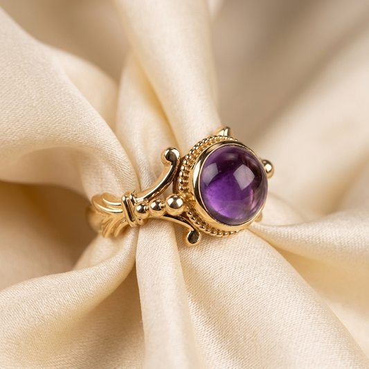 Round cabochon amethyst gold dress ring - side view