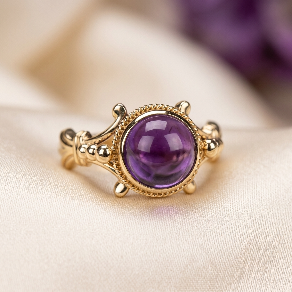 Round cabochon amethyst gold dress ring - angled view