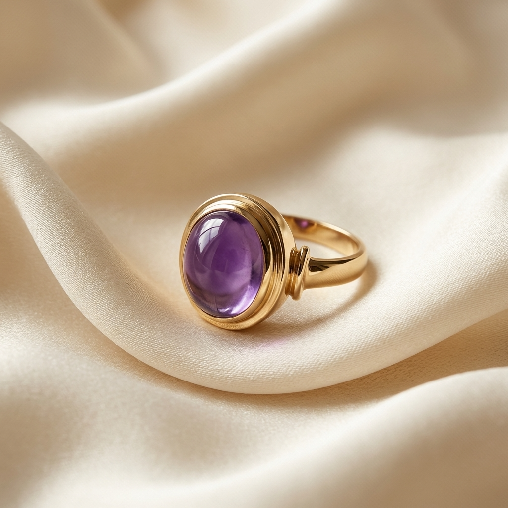 Amethyst cabochon gold dress ring - side view