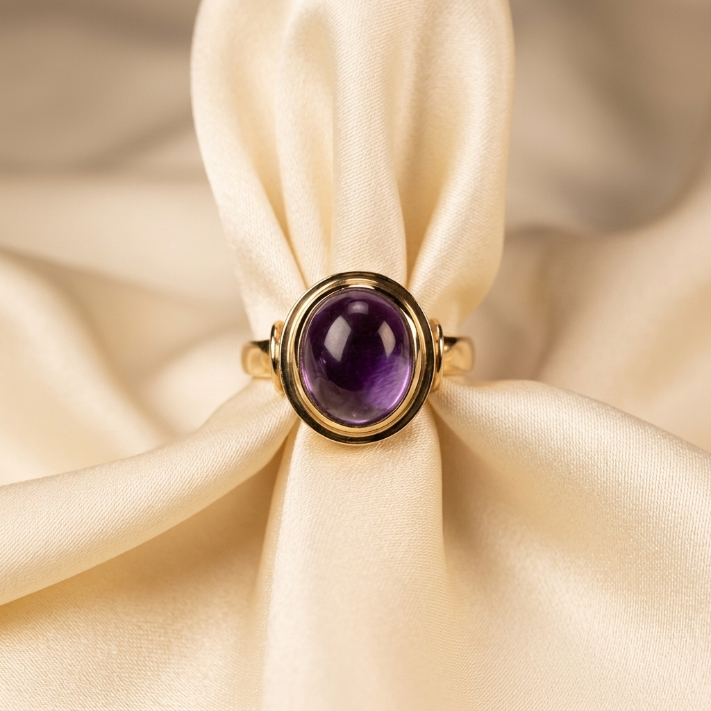 Amethyst cabochon gold dress ring - angled view