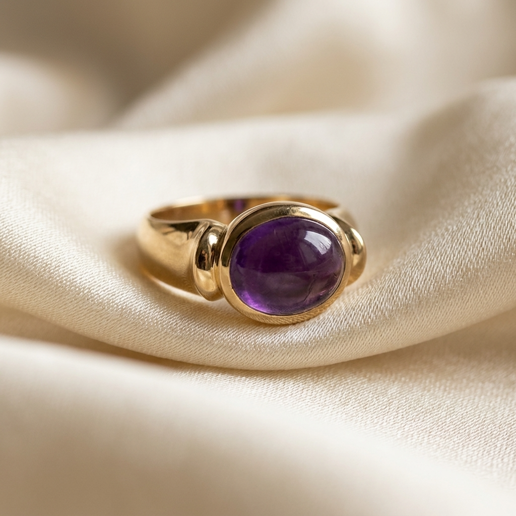 Oval cabochon amethyst gold dress ring - side view