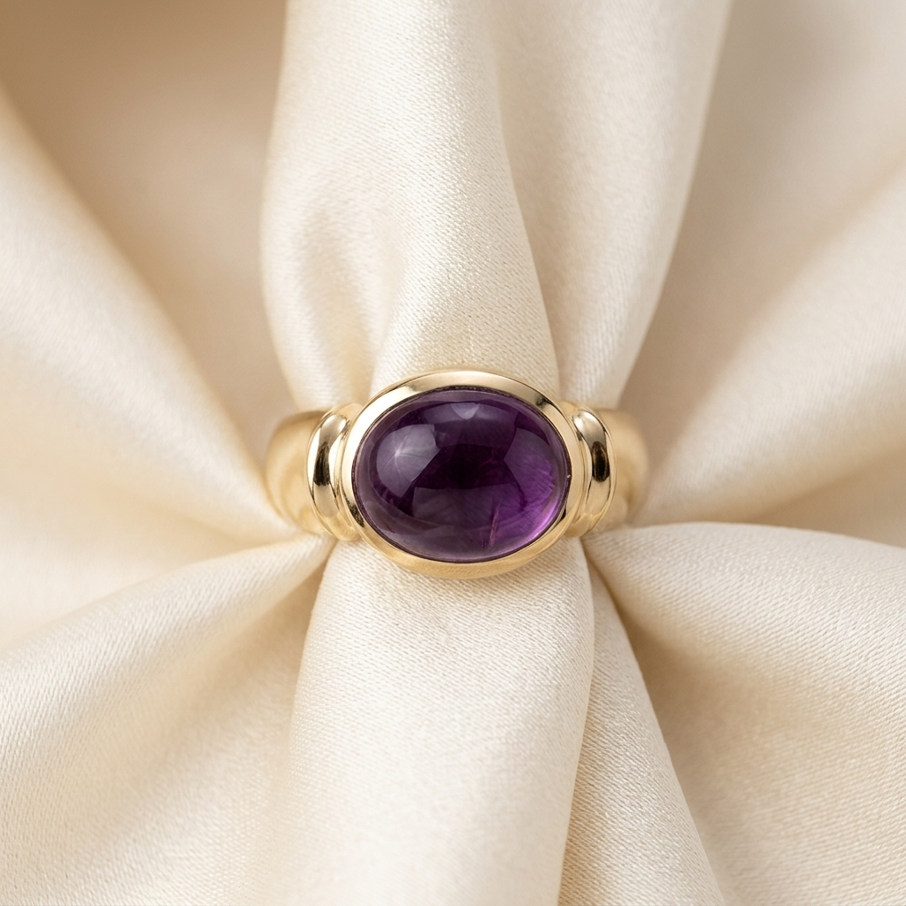 Oval cabochon amethyst gold dress ring - angled view
