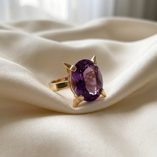 Synthetic alexandrite-like sapphire and gold dress ring