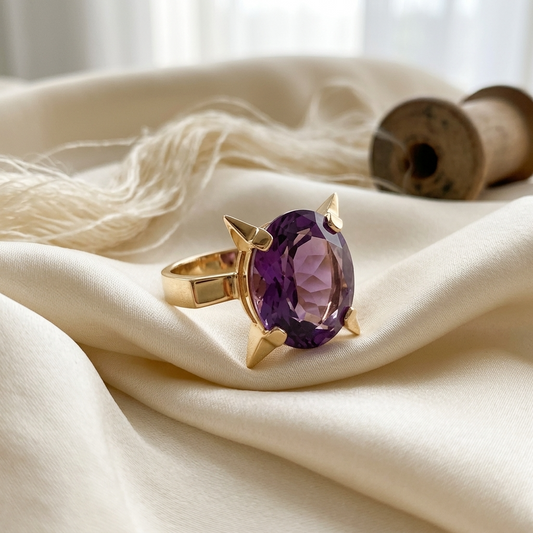 Synthetic alexandrite-like sapphire and gold dress ring - side view
