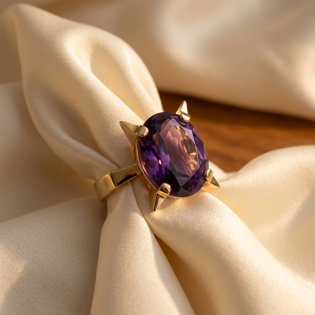 Synthetic alexandrite-like sapphire and gold dress ring - angled view