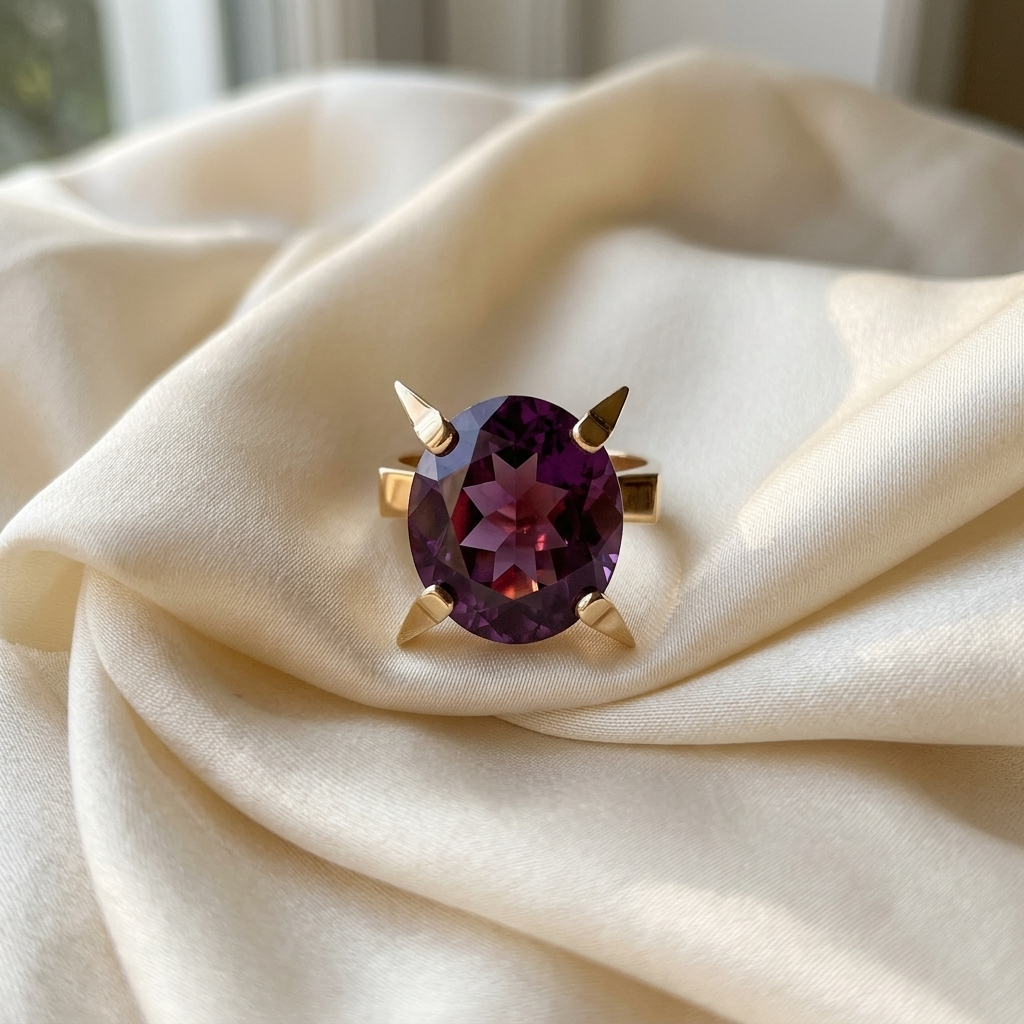 Synthetic alexandrite-like sapphire and gold dress ring - detail view