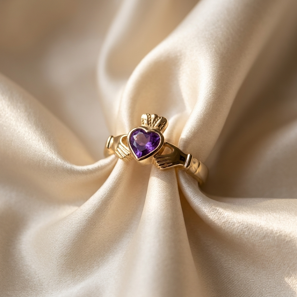 Amethyst Claddagh dress ring - side view