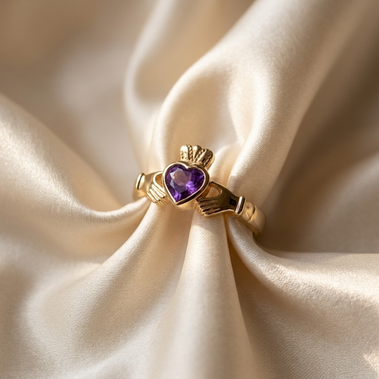 Amethyst Claddagh dress ring - side view