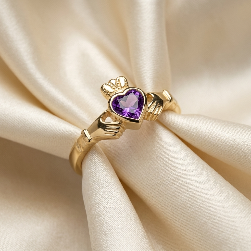 Amethyst Claddagh dress ring - angled view