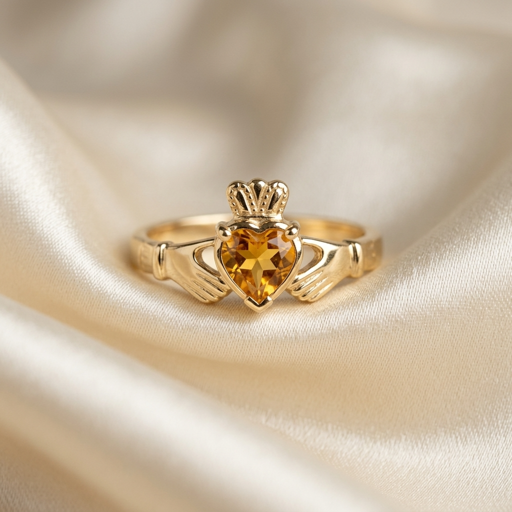 Citrine Claddagh dress ring in yellow gold