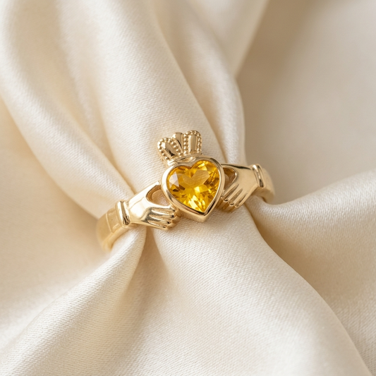 Citrine Claddagh dress ring - side view