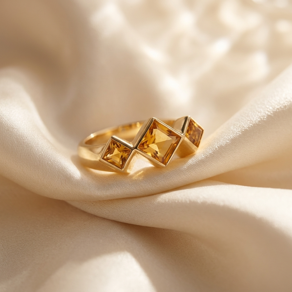 Citrine trilogy gold dress ring - angled view