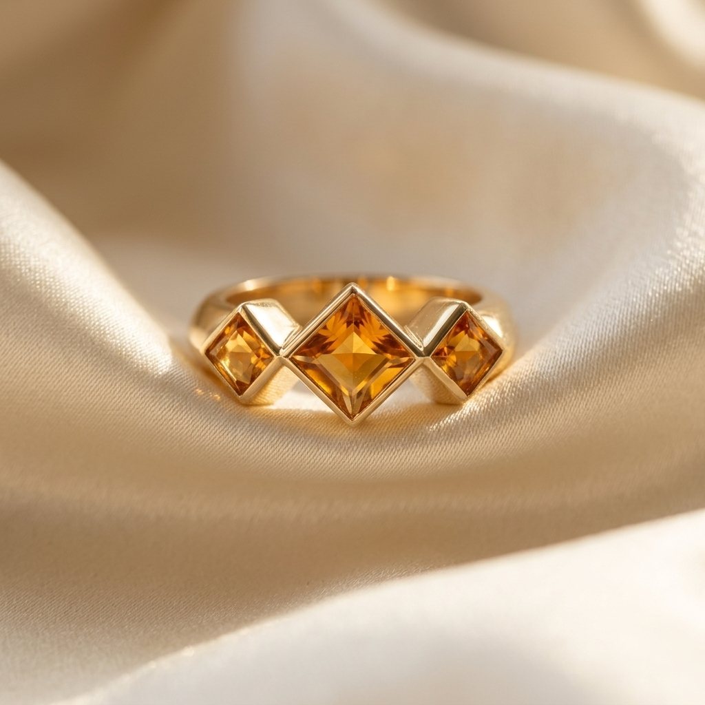 Citrine trilogy gold dress ring - detail view
