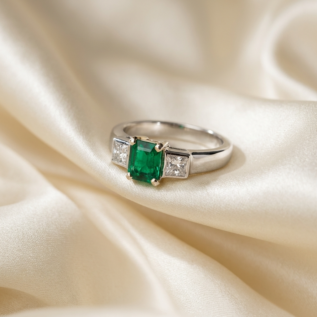 African emerald and princess cut diamond ring - side view