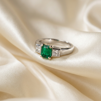 African emerald and princess cut diamond ring - side view