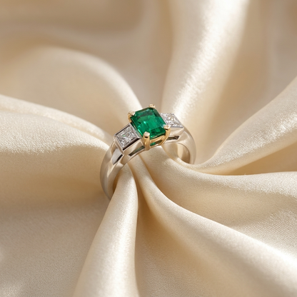 African emerald and princess cut diamond ring - detail view