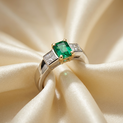 African emerald and princess cut diamond ring in 18ct white and yellow gold