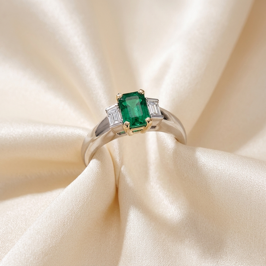 African emerald and baguette cut diamond ring - side view