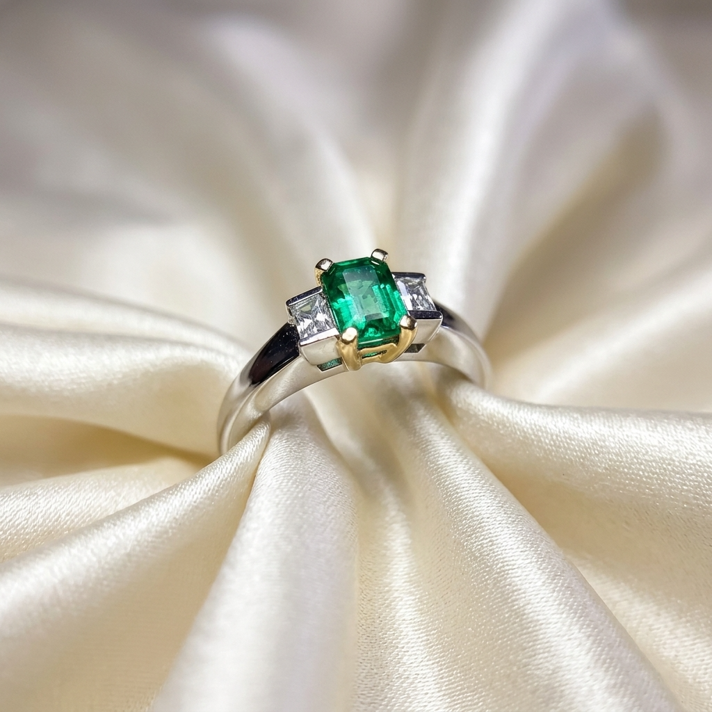 African emerald and baguette cut diamond ring - detail view