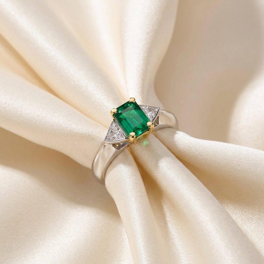 African emerald and trilliant cut diamond ring in 18ct white and yellow gold