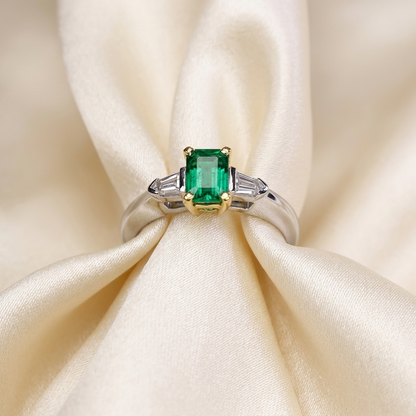 African emerald and bullet cut diamond ring in 18ct white and yellow gold