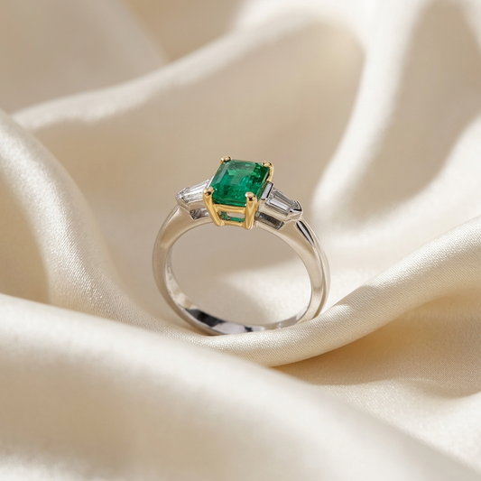 African emerald and bullet cut diamond ring - side view