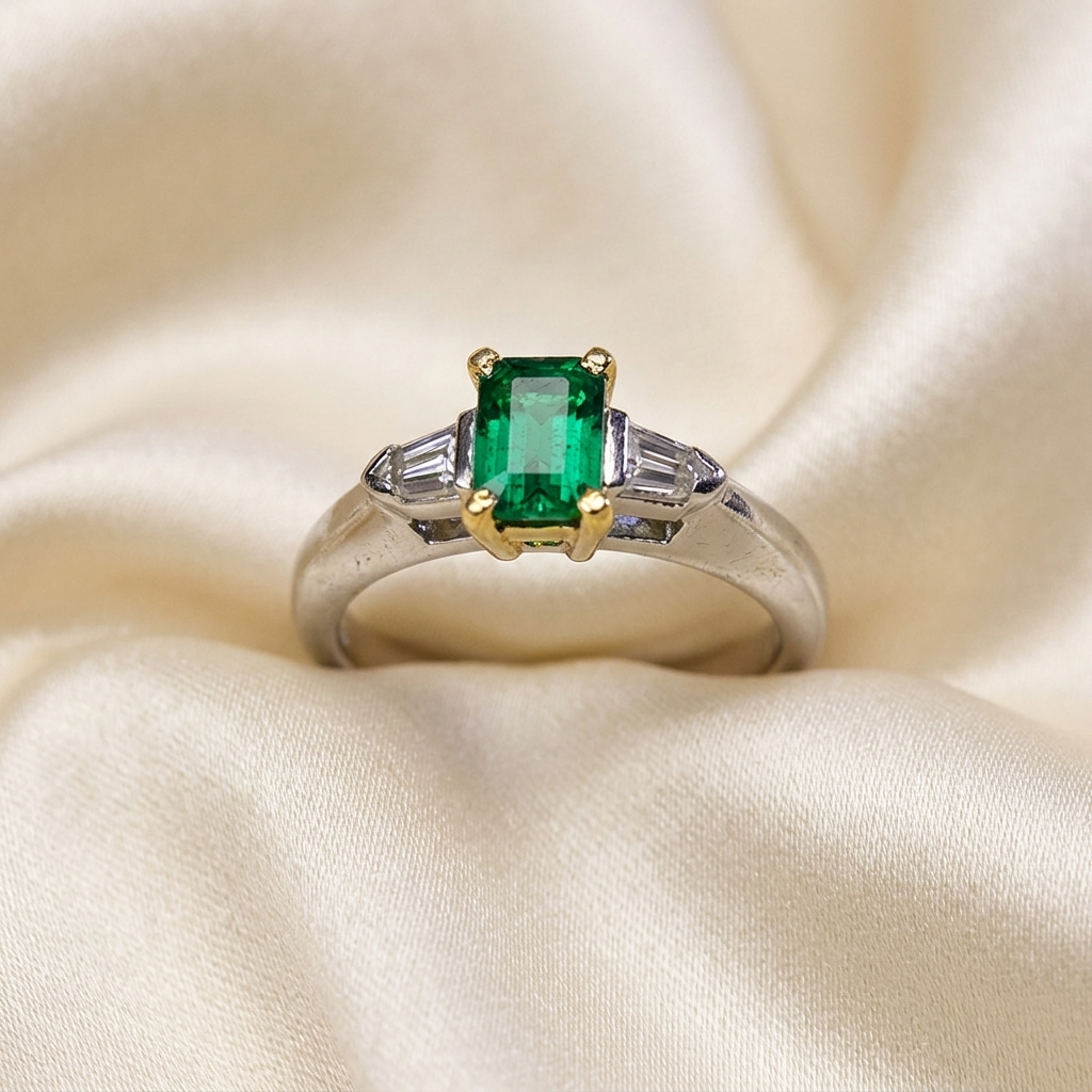 African emerald and bullet cut diamond ring - detail view