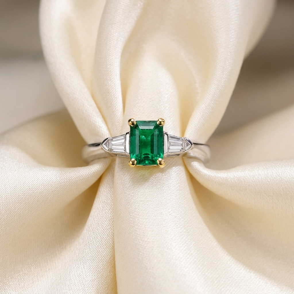 African emerald and bullet cut diamond ring - angled view