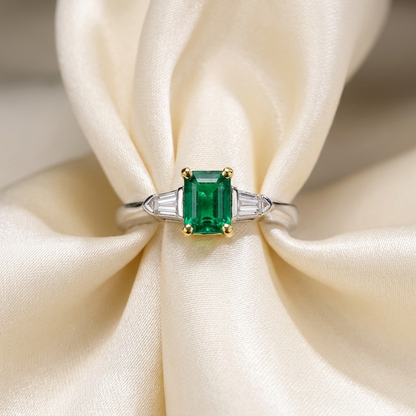 African emerald and bullet cut diamond ring - angled view