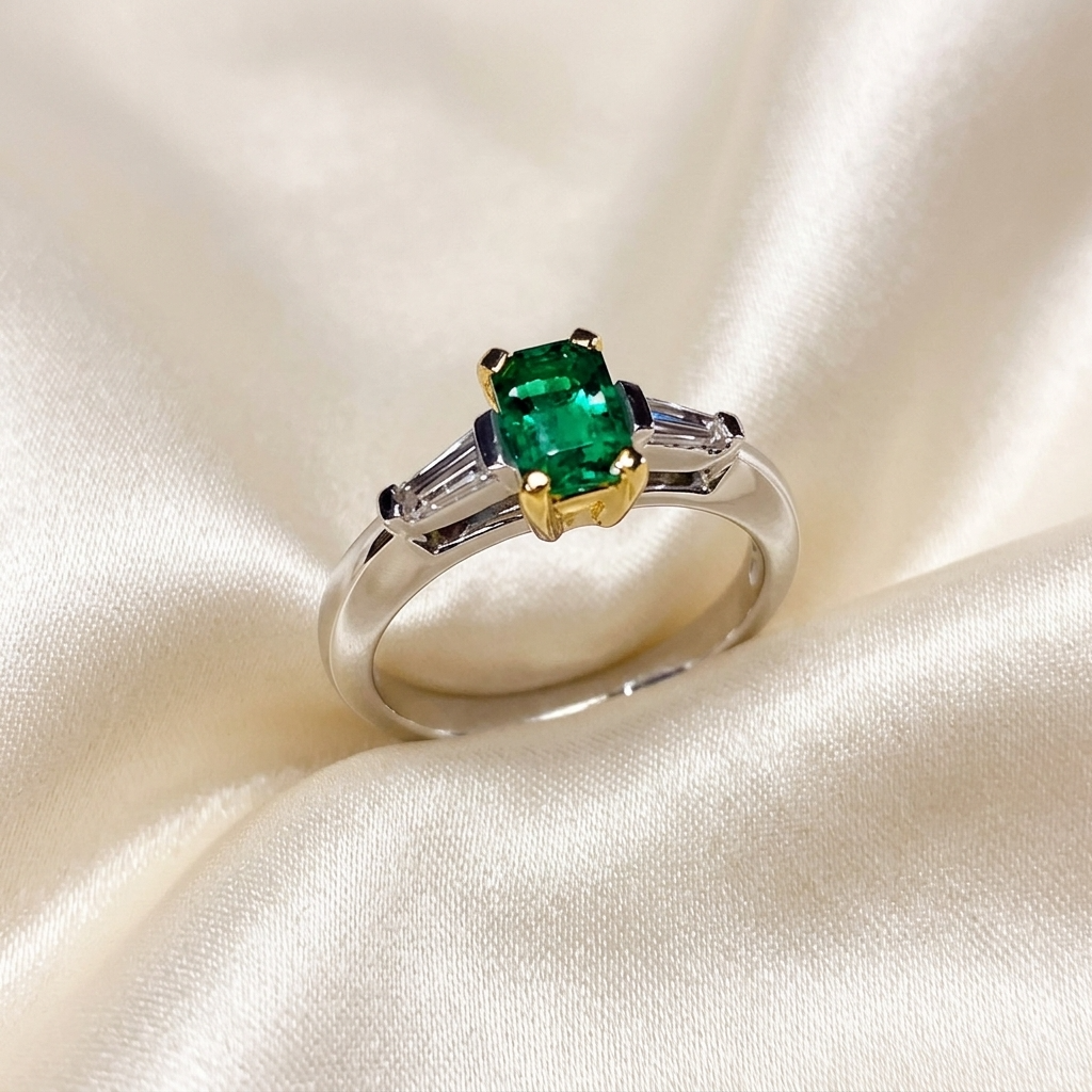 African emerald and tapered baguette diamond ring - side view