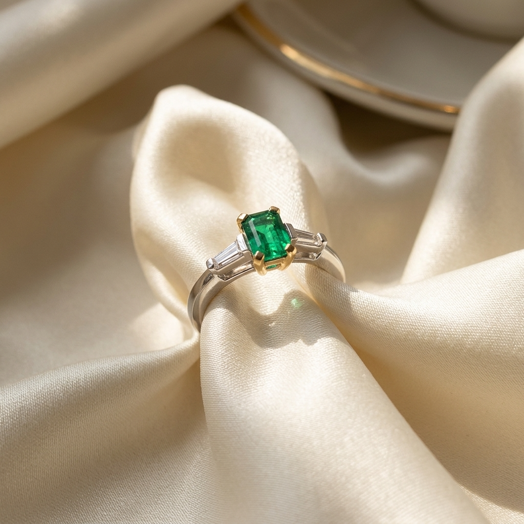 African emerald and tapered baguette diamond ring - detail view