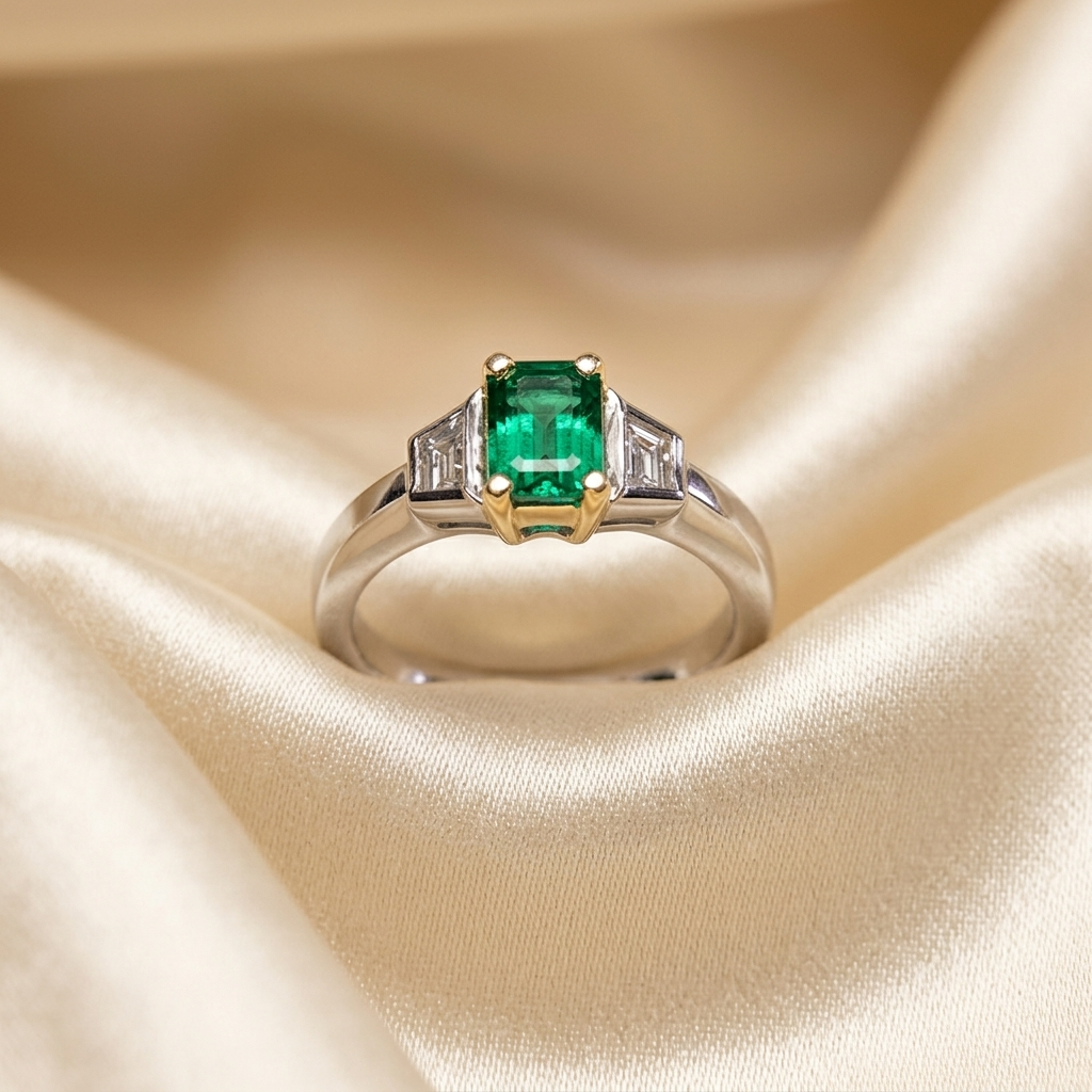 African emerald and trapezoid diamond ring in 18ct white and yellow gold