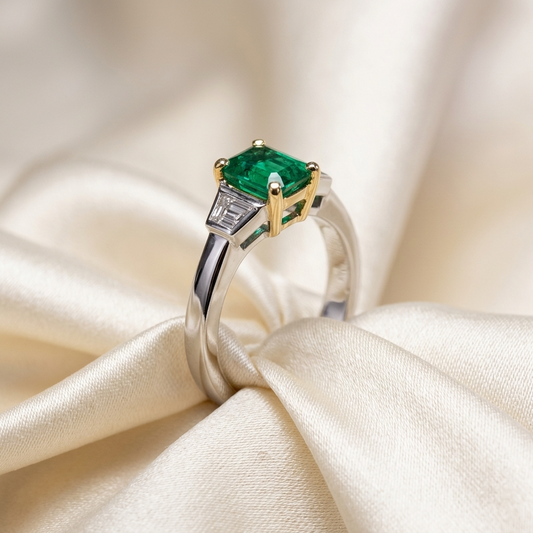 African emerald and trapezoid diamond ring - side view